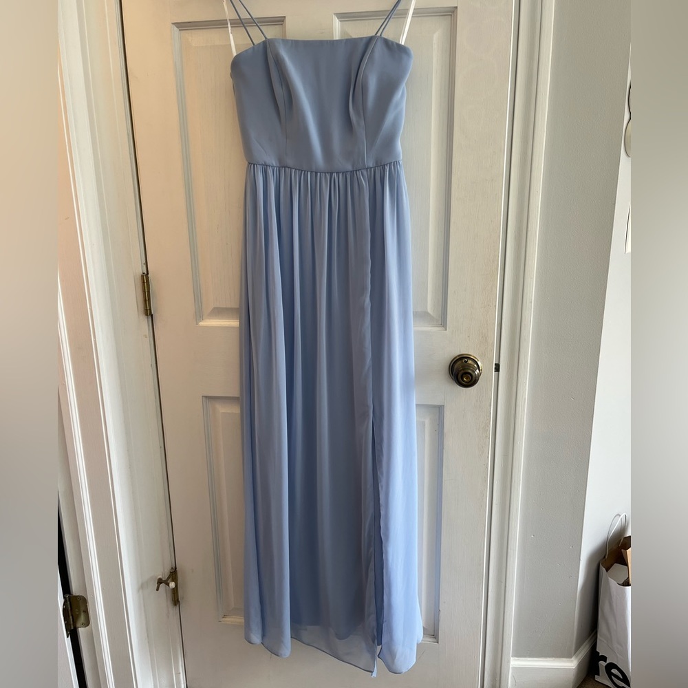 Dessy Group Slim Spaghetti Strap Chiffon Dress with Front Slit in Sky Blue